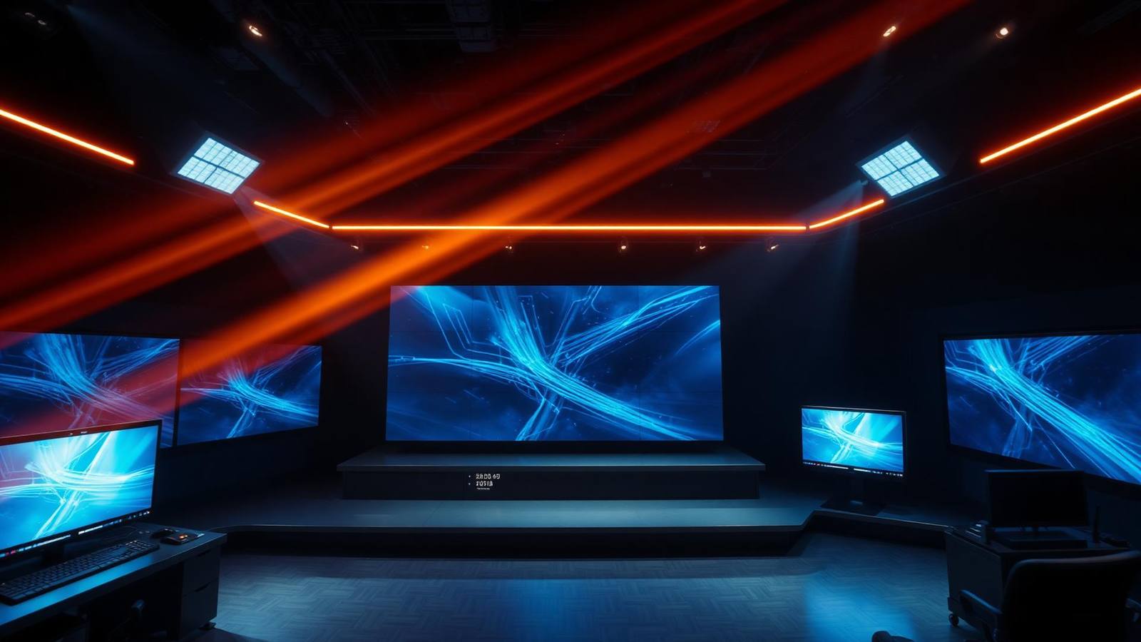 Broadcast control room lit in amber and blue